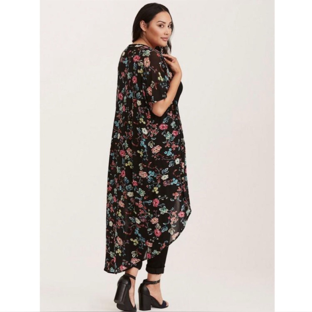Torrid Floral Chiffon Kimono Duster Maxi Cardigan Black 1X 2X Boho Layer